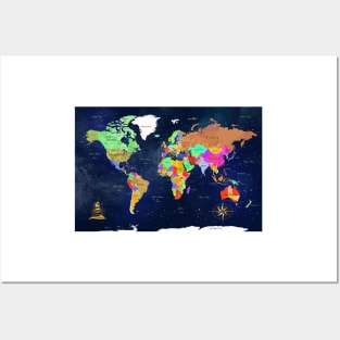 World Map Navy Blue Art Posters and Art